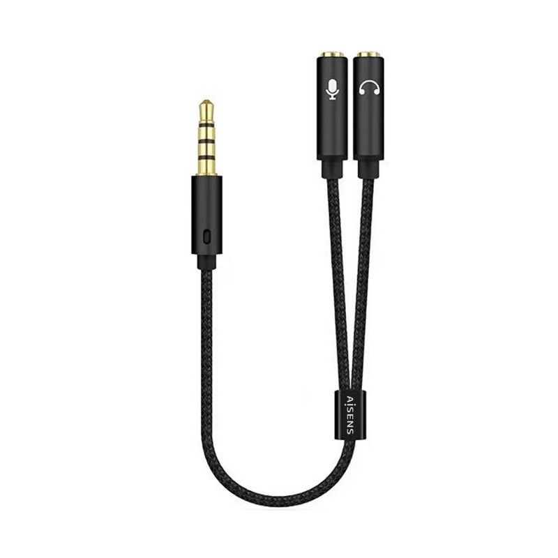 A128-0416 Aisens Cable Adaptador Audio JACK 3.5 4 Pines/M-2xJACK 3.5 3 Pines/H - 25cm - Color Negro
