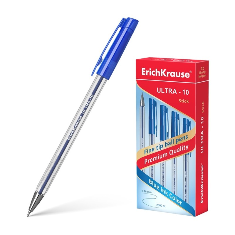 Erichkrause Boligrafo Ultra-10 - Punta Metalica de Tipo Aguja - Cuerpo Hexagonal - Tinta de Baja Viscosidad - Color Azul