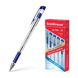 Erichkrause Boligrafo Ultra-30 - Recargable con Punta Fina Fine Tip - Cuerpo Transparente con Agarre de Goma  - Color Azul