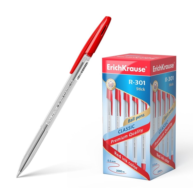 Erichkrause Boligrafo R-301 Classic Stick 1.0 - Cuerpo Transparente Hexagonal - Punta de 1.0mm  - Color Rojo