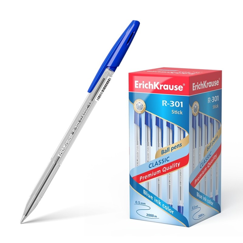 Erichkrause Boligrafo R-301 Classic Stick 1.0 - Cuerpo Transparente Hexagonal - Punta de 1.0mm  - Color Azul