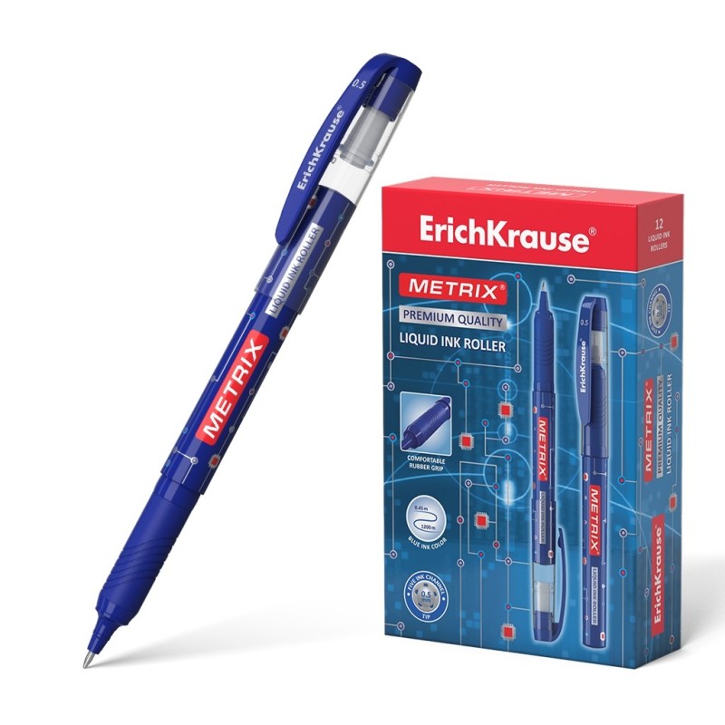 Erichkrause Metrix - Roller Clasico con Punta Normal - Cuerpo Ligero de Plastico - Tinta de Gel de Secado Rapido - Color Azul