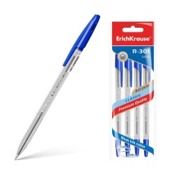 Erichkrause Pack de 4 Boligrafos R-301 Classic Stick 1.0 - Cuerpo Transparente Hexagonal - Punta de 1.0mm  - Color Azul