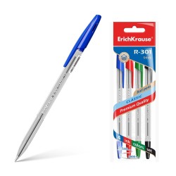 Erichkrause Pack de 4 Boligrafos R-301 Classic Stick 1.0 - Cuerpo Transparente Hexagonal - Punta de 1.0mm  - Color Azul