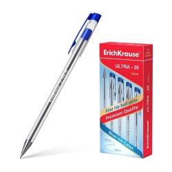 Erichkrause Boligrafo Ultra-20 - Punta Metalica de Tipo Aguja - Cuerpo Redondo Transparente con Grip  - Color Azul