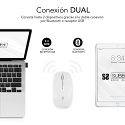 Subblim Ratón Dual Flat - Conexión Dual - Silent Click - Batería Recargable - Rueda de Silicona - 1600 DPI - Color Blanco