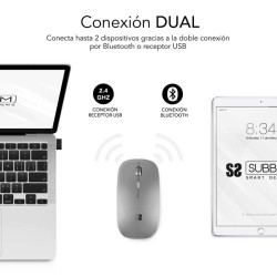 Subblim Ratón Dual Flat Mouse - Conexión Dual - Silent Click - Batería Recargable - Rueda de Silicona - 1600 DPI - Color Gris