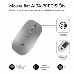 Subblim Ratón Dual Flat Mouse - Conexión Dual - Silent Click - Batería Recargable - Rueda de Silicona - 1600 DPI - Color Gris