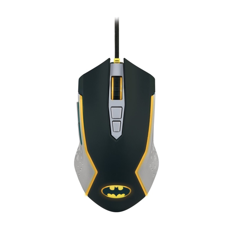 FR-TEC Batman Raton USB hasta 8000dpi - Iluminacion LED Amarillo - Plug and Play - Cable Trenzado de 1.8m - Color Negro/Gris/