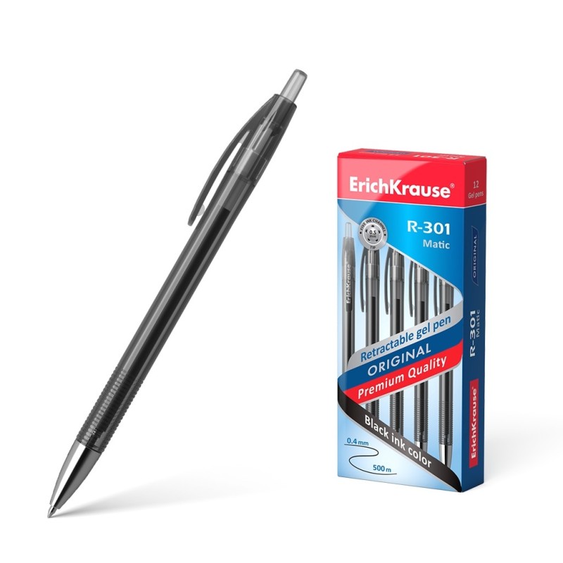 Erichkrause Boligrafo de Gel Automatico R-301 Original Gel Matic - Cuerpo Transparente con Grip Perfilado - Color Negro