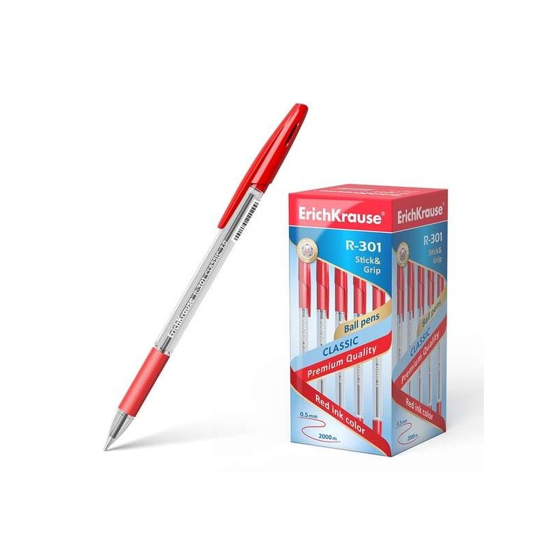 Erichkrause R-301 Stick&Grip Boligrafo de Bola Punta 1.0mm - Trazo 0.5mm - Agarre con Grip   - Cuerpo Transparente - Color Rojo